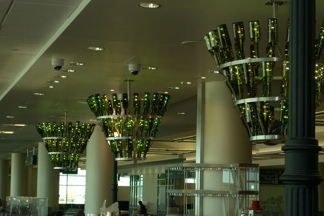Clustered glass chandeliers in an interior